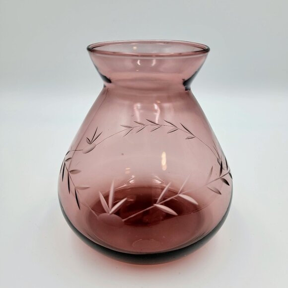 Vintage Cranberry Purple Etched Vase Round Read - Picture 2 of 11